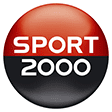 Ein rot-schwarzer Knopf mit dem Wort Sport 2000 darauf.