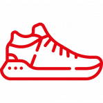 Ein rotes Schuhsymbol auf rotem Hintergrund.