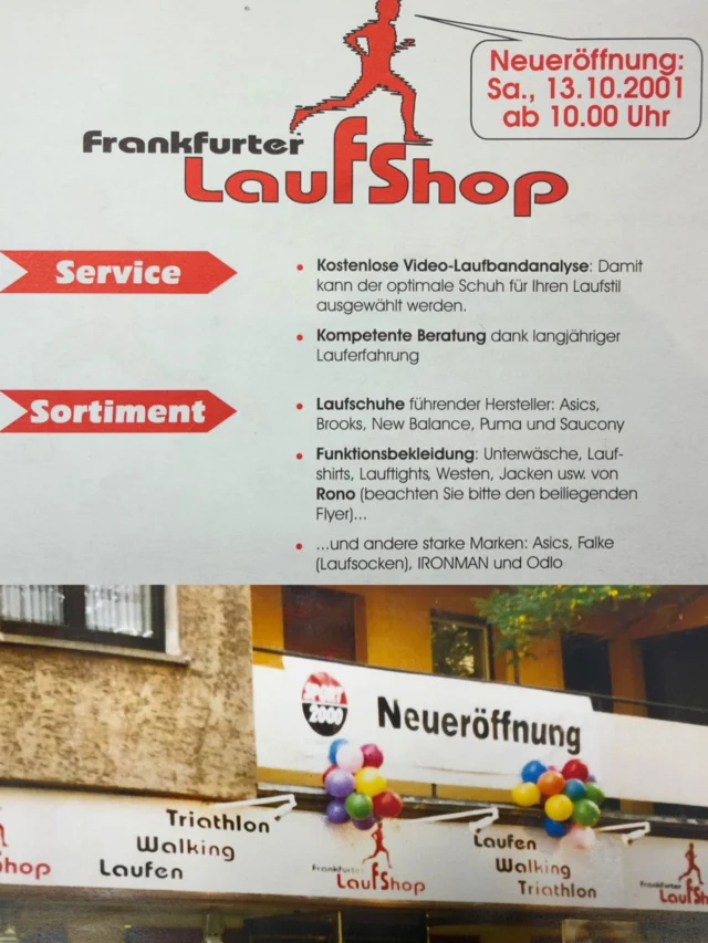 🎉 25 JAHRE FRANKFURTER LAUFSHOP! 🏃‍♀️🏃‍♂️❤️
 
Heute vor genau 25 Jahren, am 13. Oktober 2001, haben wir die Türen unseres Frankfurter Laufshops zum ersten Mal geöffnet! 🥳
 
25 Jahre. Unzählige Kilometer. Tausende Begegnungen. So viele Geschichten und Erinnerungen. ❤️
 
Was für eine Reise! Und das alles wäre ohne EUCH niemals möglich gewesen!
 
🙏 DANKE an unsere großartigen Mitarbeiterinnen und Mitarbeiter, unsere treuen Partner und vor allem an EUCH – unsere wunderbare Laufcommunity und Kundschaft!
 
Ihr habt den Frankfurter Laufshop zu dem gemacht, was er heute ist. ❤️
 
📸 20 Bilder. 25 Jahre. Unzählige Erinnerungen.
 
Weil Bilder bekanntlich mehr als 1.000 Worte sagen, nehmen wir euch heute mit auf eine kleine Zeitreise durch unsere Geschichte. Wischt euch durch 25 Jahre Frankfurter Laufshop! 👉
 
Und jetzt seid IHR dran!
 
Welche Erinnerungen verbindet ihr mit uns? Euer erster Laufschuh? Eine besondere Laufveranstaltung? Ein gemeinsames Erlebnis?
Teilt eure Geschichten und Fotos mit uns – per Story, Kommentar oder E-Mail an info@frankfurter-laufshop.de.
 
🎁 ZU GEWINNEN: EIN MARATHON-STAFFELSTART!
 
Unter allen Teilnahmen verlosen wir einen Staffelstart für 4 Personen beim @mainovaag @frankfurtmarathon ! 🏅
 
⏰ Mitmachen könnt ihr bis zum 18.10.2026 um 23:59 Uhr.
 
Auf die nächsten 25 Jahre und noch ganz viele gemeinsame Kilometer! 🥂🏃
 
Euer Jost Wiebelhaus und das gesamte Team vom Frankfurter Laufshop ❤️
 
#25JahreFrankfurterLaufshop #FrankfurterLaufshop #LaufenVerbindet #FrankfurtLäuft #Montagslauftreff